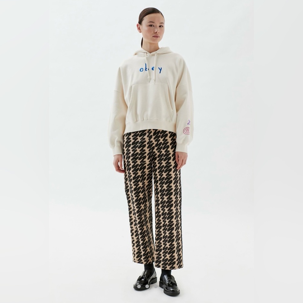 NWOT OBEY Scribble Hoodie Sweatshirt Women size M Ivory color relaxed fit hoodie